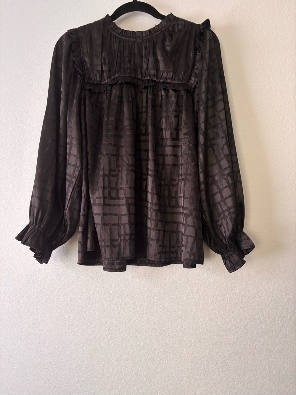 Women's Black Textured Ruffle Yoke Blouse